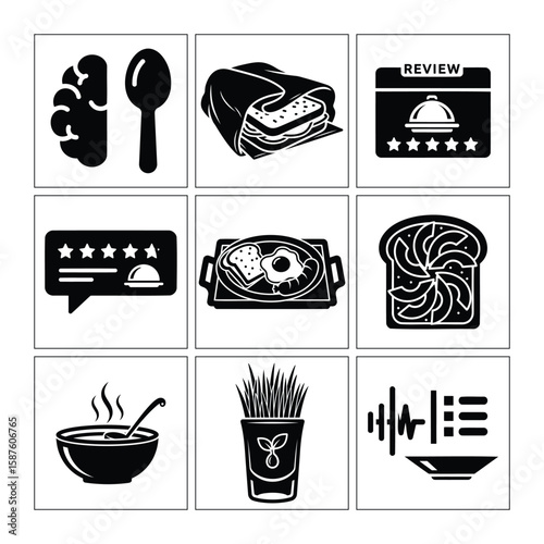Food And Restaurant Themed Icon Set Black And White Grid Illustration