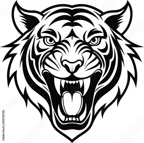 Powerful tiger head graphic roaring in black and white.