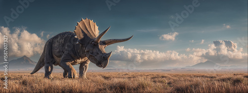 Triceratops Dinosaur, Triassic era, Prehistoric Earth high resolution panorama