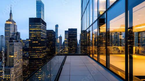 Fototapeta Naklejka Na Ścianę i Meble -  Modern skyscrapers reflect city lights at dusk, showcasing vibrant urban skyline