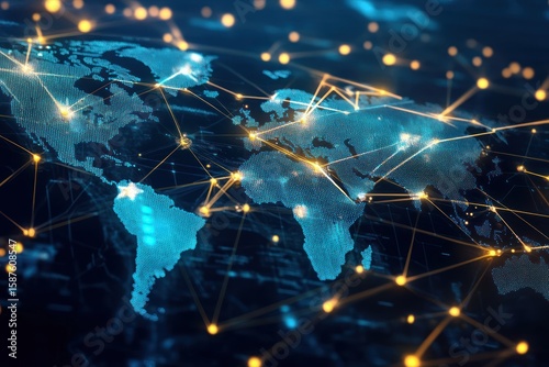 Futuristic world map with glowing data lines and nodes connecting globally