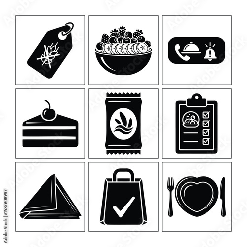 Black And White Food Icon Set Displaying Diet And Restaurant Related Services