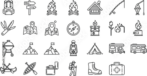 Vector art of a set of camping and outdoor adventure icons isolated on white background