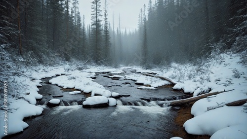 Snow‑Dusted Forest Creek Under Soft Falling Flakes