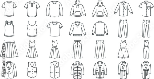 Vector art of a collection of various clothing items, including shirts, dresses, pants, and outerwear, presented as line art icons isolated on white background