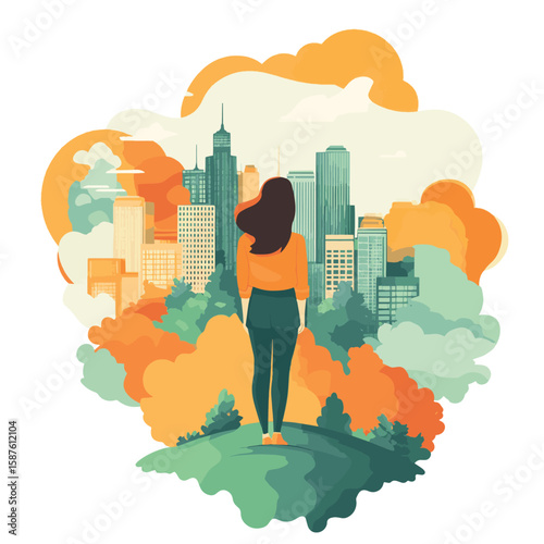 Woman standing on head looking at city life with mental health concept, vector style simple color