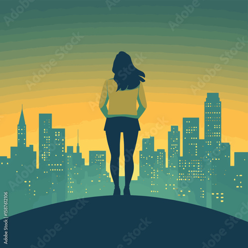 Woman standing on head looking at city life with mental health concept, vector style simple color