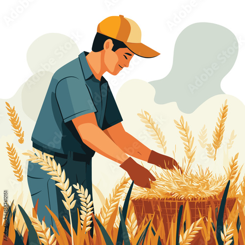 Worker harvesting crops in field, vector style simple color