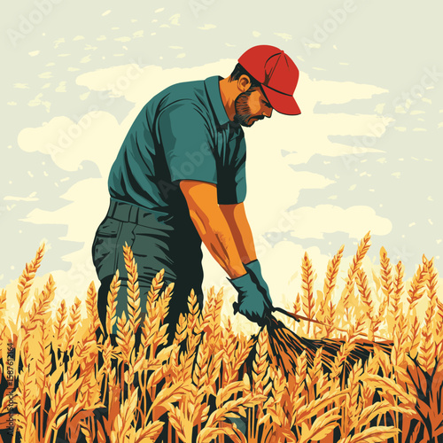 Worker harvesting crops in field, vector style simple color