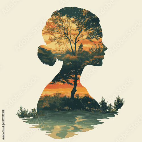 Double exposure silhouette of a person with wellness concept, vector style simple color