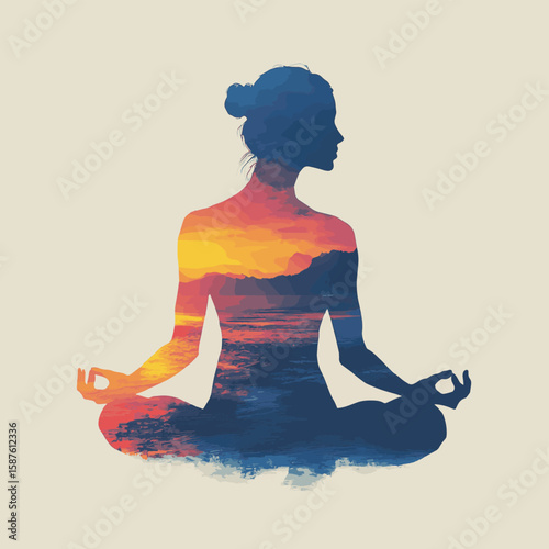 Double exposure silhouette of a person with wellness concept, vector style simple color