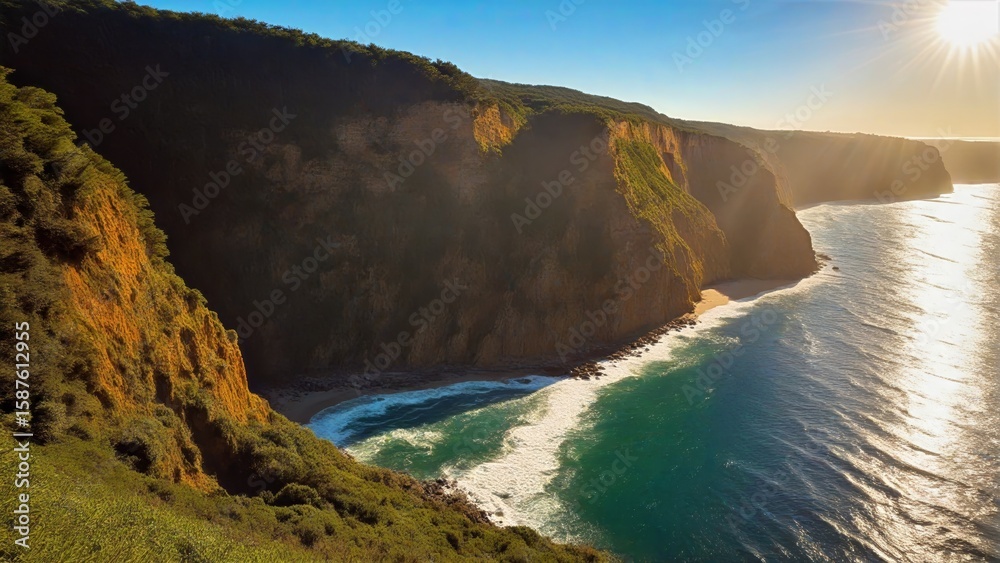 Obraz premium Dramatic Coastal Cliffs Bathed in Golden Sunlight