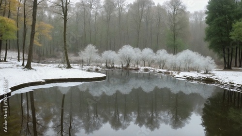 Frost‑Clad Woodland Pond Reflecting Bare Winter Trees