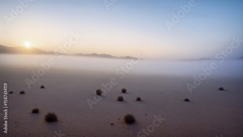Misty Dawn Desert Landscape with Scattered Shrubs
