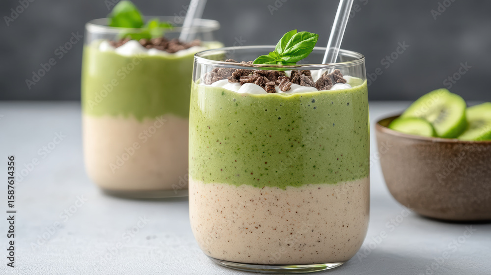 Layered smoothie jar with green and beige layers, topped with chocolate and mint Layered smoothie jar with green and beige layers, topped with chocolate and mint
