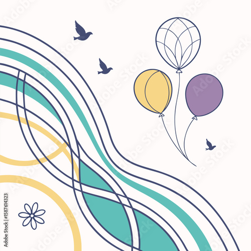 Serene Celebration A Whimsical Design with Balloons Birds and Floral Accents Against a Neutral Background