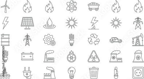 Vector art of a collection of energy and power icons representing various sources like renewable, fuel, electricity, and industrial resources isolated on white background