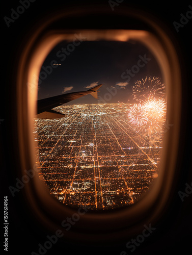 Glowing City Lights and Fireworks Celebration from Plane Window – Aerial Travel Photography
