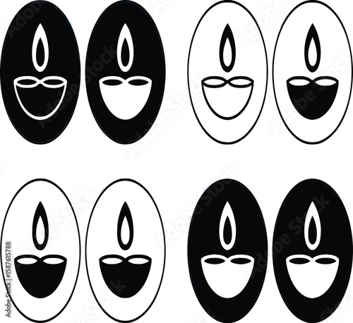 Collection of diya icons in black and white circles representing traditional oil lamps for diwali 100