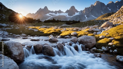 Mountain Stream at Sunlit Dawn