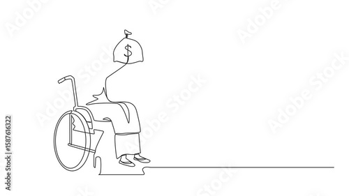 Self drawing animation of one line drawing Arab businesswoman holding dollar money bag. Disability insurance benefit payments for disabled wheelchair woman. Single line draw design vector graphic