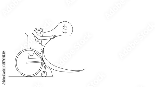 Animated self drawing of single one line drawing happy disabled Arabic woman saving money. Person in wheelchair holding piggy bank. Disability, finance concept. Full length single line animation