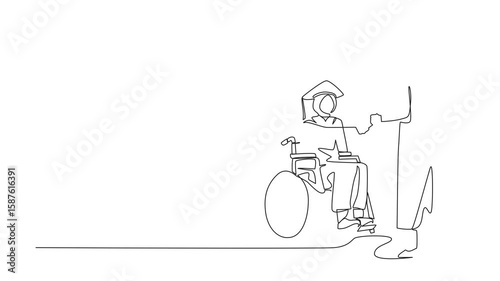 Self drawing animation of single one line drawing disabled Arabian woman student receiving graduation from university rector. Disability bachelor, inclusive education. Full length animated