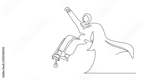 Animation of single one line drawing disable Arabian woman sitting in wheelchair character concept. Superhero with disability, power of mind. Continuous line self drawing animated. Full length motion