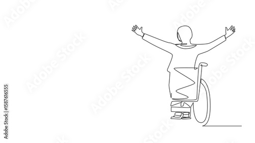 Animated self drawing of continuous line drawing back view Arab businesswoman sitting in wheelchair, raising arms in happiness. Happy person raising her hands up. Full length single line animation