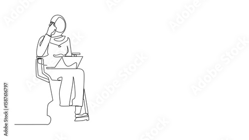 Animation of single one line drawing Arab woman in wheelchair having phone while working online on laptop. Disability talking on mobile phone. Continuous line self drawing animated. Full length motion