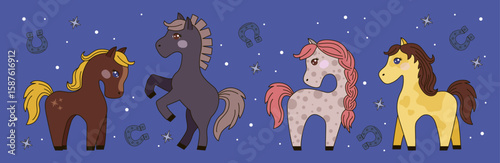 Four playful cartoon horses in vibrant colors interact on a blue background with stars and horseshoes. Cute vector illustration perfect for children s designs and playful themes.