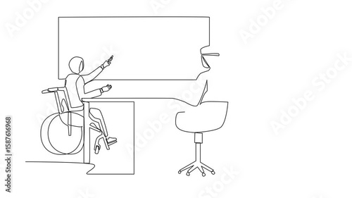 Self drawing animation of continuous one line drawing disabled Arab businesswoman giving presentation to colleagues. Coworker listening to disability executive in wheelchair. Full length animated