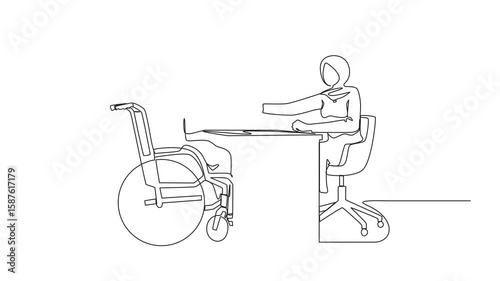 Animated self drawing of one line drawing disability employment. Disabled Arab woman sit in wheelchair shaking hand with boss in office introducing workplace. Full length single line animation