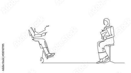 Animation of continuous line drawing disabled Arab woman at job interview in office. Person in wheelchair talking with employer. Job interview. One line self drawing animated. Full length motion
