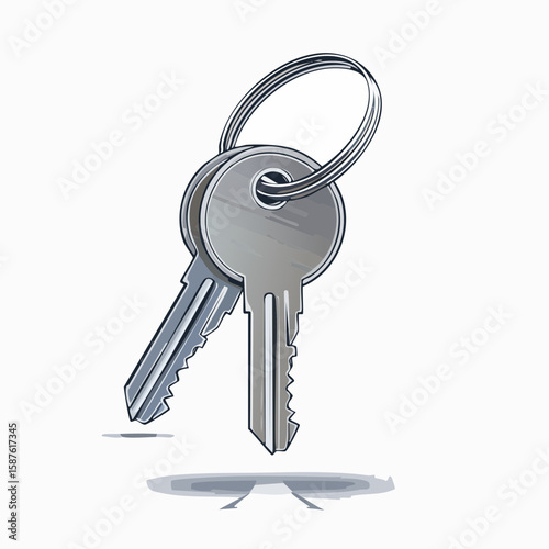 Clean line sketch of a keychain holding a single key with cut grooves and flat head.