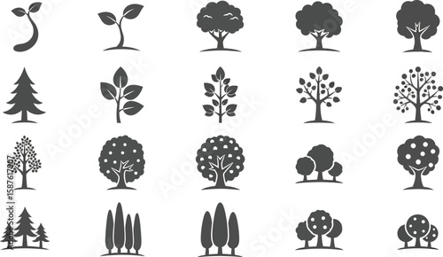 Vector art of a collection of tree and plant icons isolated on white background, perfect for illustrating environmental themes, landscaping designs, and botanical concepts