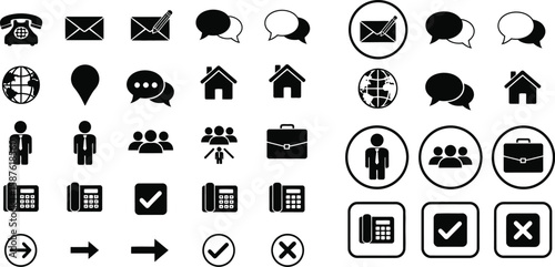 Vector art of a set of communication and contact icons isolated on white background represents essential elements for web and business design