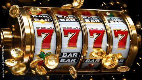 Abstract casino slot machine background. Colourful online casino banner 777 big winning symbol of gold jackpot
