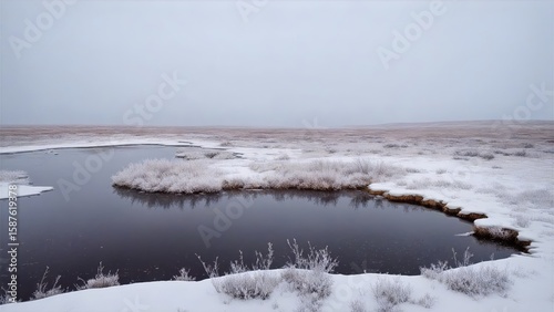 Snowy Tundra Pond Under Overcast Sky