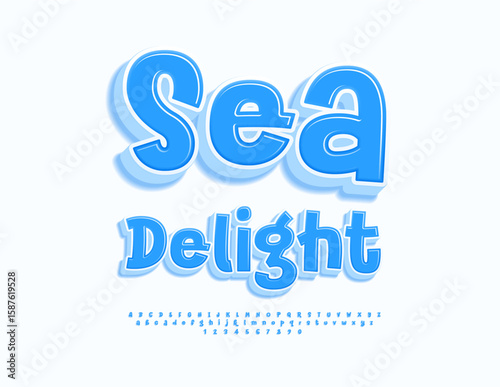 Vector Cool logo Sea Delight. Artistic Blue Font. Glossy 3D Alphabet Letters and Numbers set.