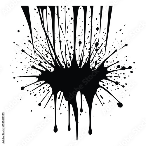 High-contrast black ink splatter with dynamic drips and drops. Abstract grunge paint splash design element for artistic backgrounds.