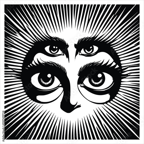 Intense black and white woodcut style illustration of a mystical sun face with four eyes and radiating beams. Spiritual cosmic art.