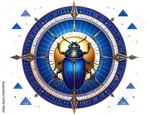 Detailed illustration of a blue scarab beetle centered on a compass rose with pyramids around it
