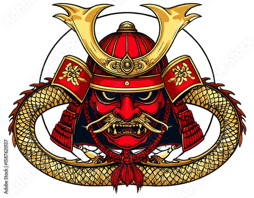 Illustration of a samurai mask with a red face and golden dragon around it in a circle shape
