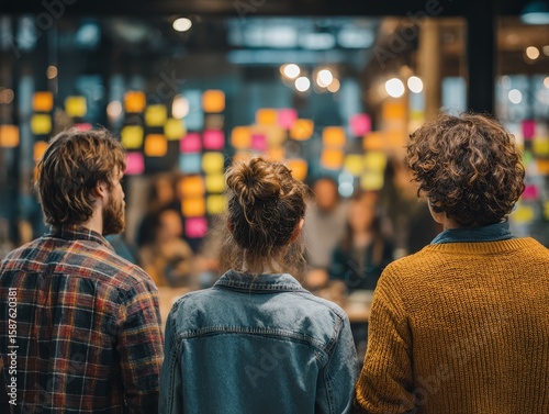 Collaborative team at a creative stand-up meeting using agile methodologies, viewed from behind, in a modern office space