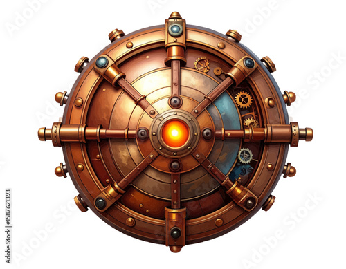 A steampunk vault door with gears and a central glowing light in a circular design pattern look