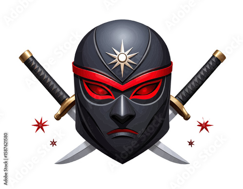 Illustration of a ninja mask with red accents and two swords crossed behind it on a white background