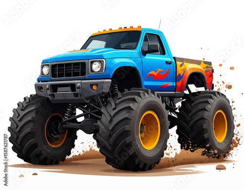 Illustration of a blue monster truck with flame decals and oversized tires on a white backdrop
