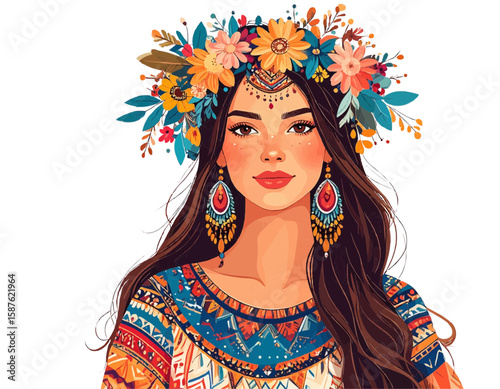 Illustration of a woman with flower crown and patterned top against a white background art style