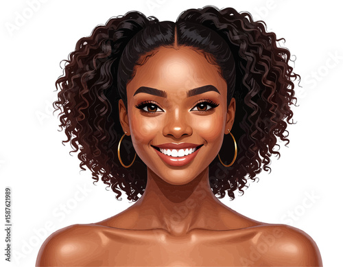 Portrait of a smiling african american woman with curly hair and gold hoop earrings on white background
